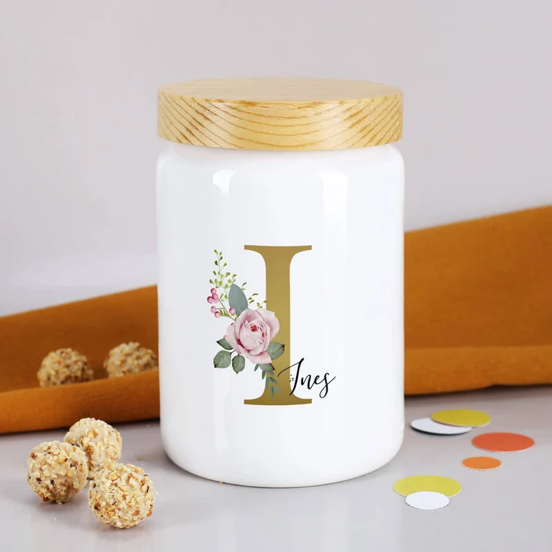 Keramikdose mit Rosen-Monogramm und Name