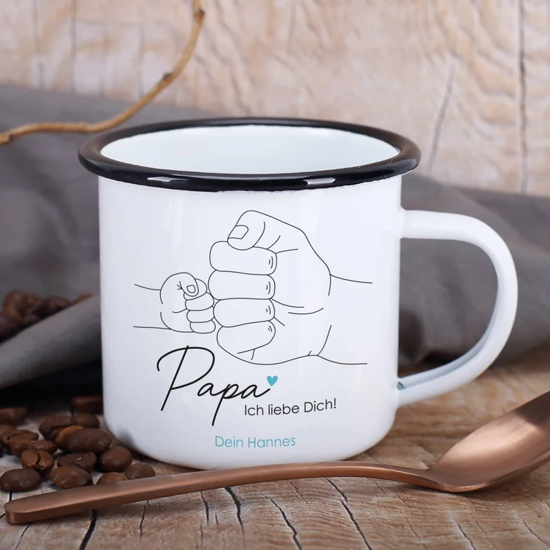 Metalltasse "Papa Ich liebe Dich!" mit Lineart Händen zum Vatertag