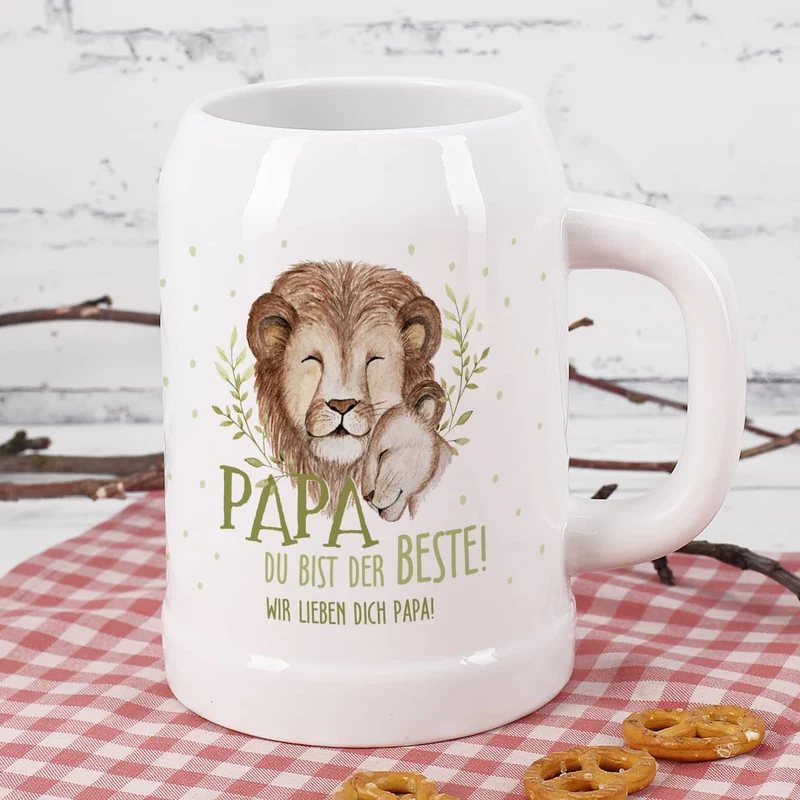 Papa du bist der Beste! - Bierkrug mit Löwenmotiv und Wunschtext