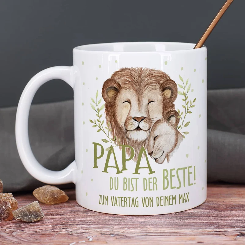 Papa du bist der Beste! - Tasse mit Löwenmotiv und Wunschtext