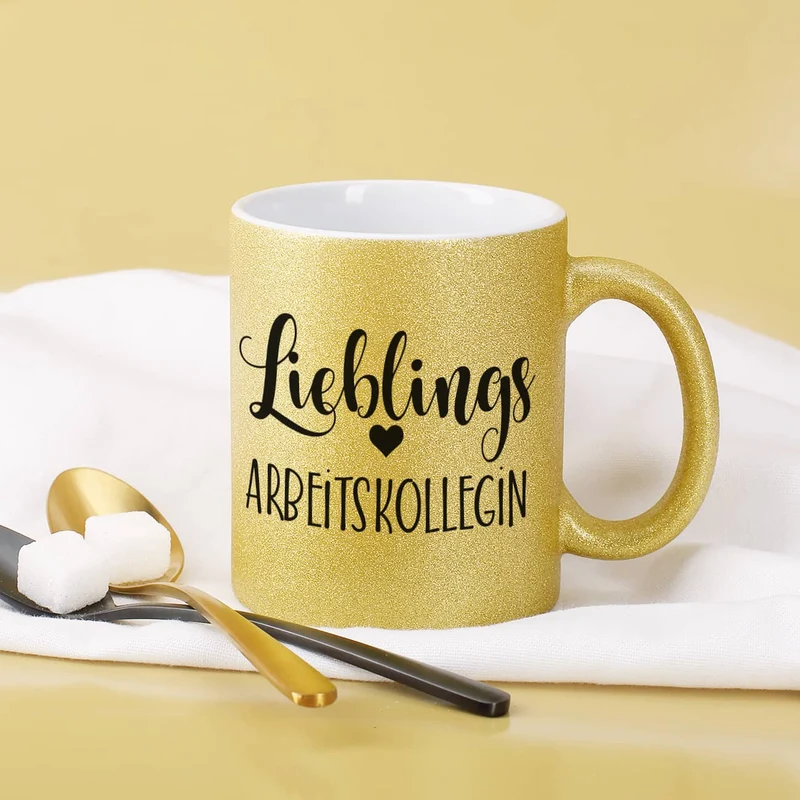 Lieblings - Glitzertasse mit Ihrem Wunschtext
