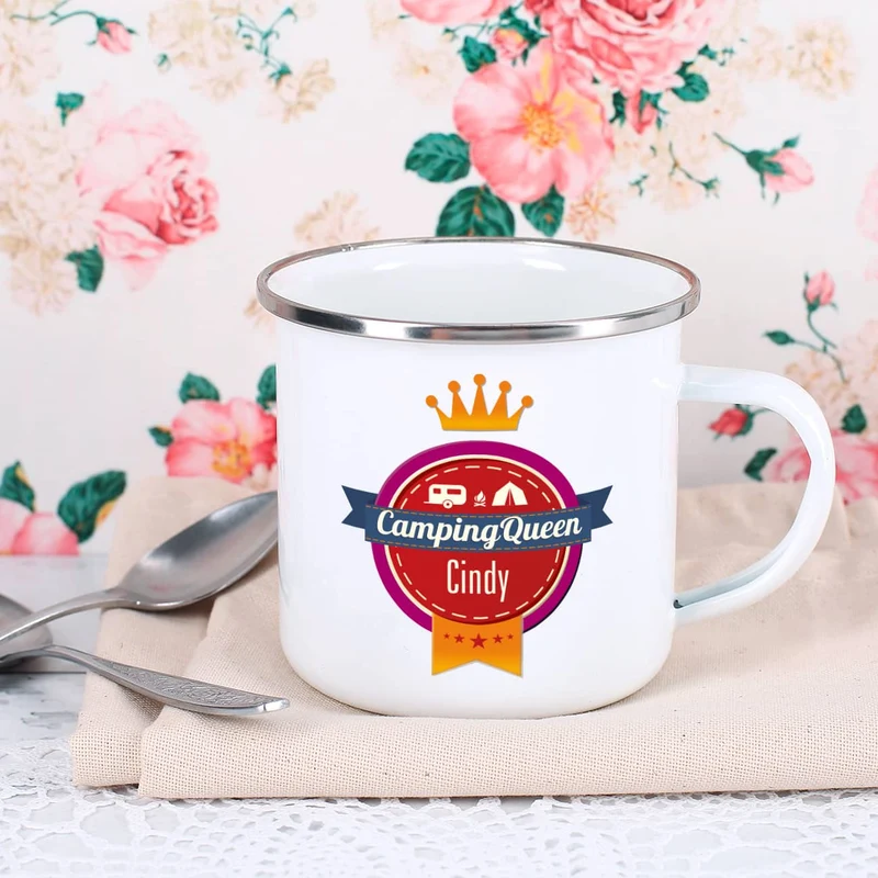 Campingqueen - emaillierte Metalltasse mit Namen bedruckt