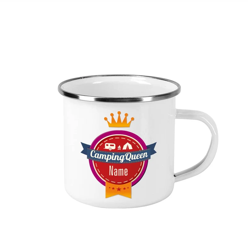 Campingqueen - emaillierte Metalltasse mit Namen bedruckt