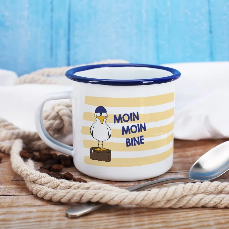 Maritime Metalltasse - Moin Moin - mit Wunschname und Möwen-Motiv
