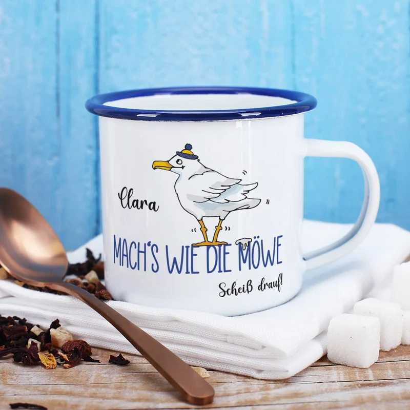Mach's wie die Möwe... Emaille-Tasse mit Name