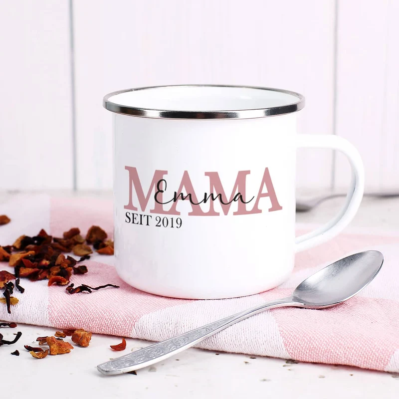 Emailletasse - Mama seit - mit Namensaufdruck zum Muttertag