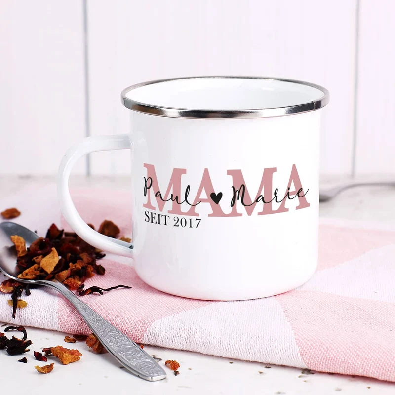 Emailletasse - Mama seit - mit Namensaufdruck zum Muttertag