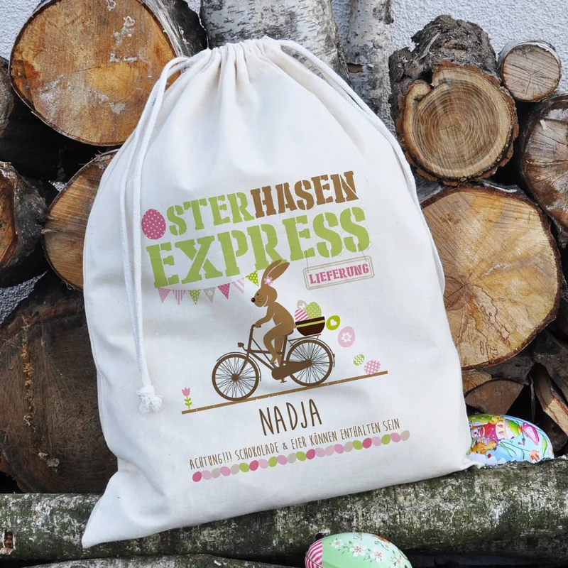 Geschenksack vom Osterhasen-Express mit Ihrem Namen bedruckt, 40 x 50 cm