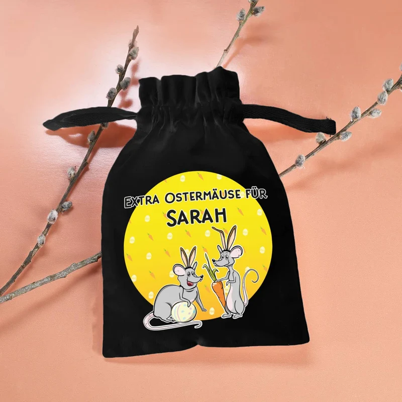 Kleiner Stoffsack "Extra Ostermäuse" mit Ihrem Wunschnamen bedruckt
