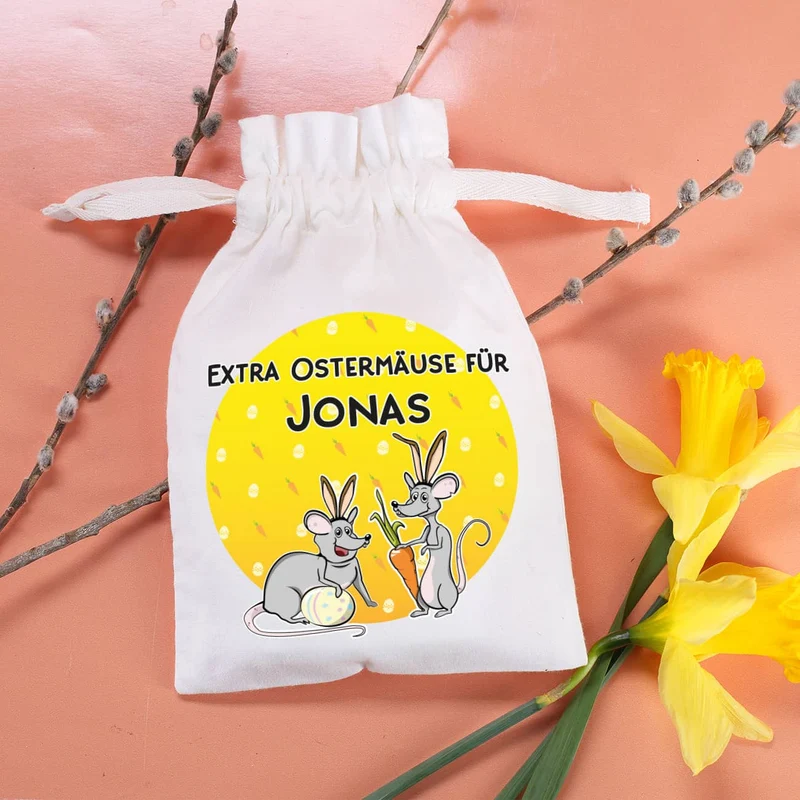 Kleiner Stoffsack "Extra Ostermäuse" mit Ihrem Wunschnamen bedruckt