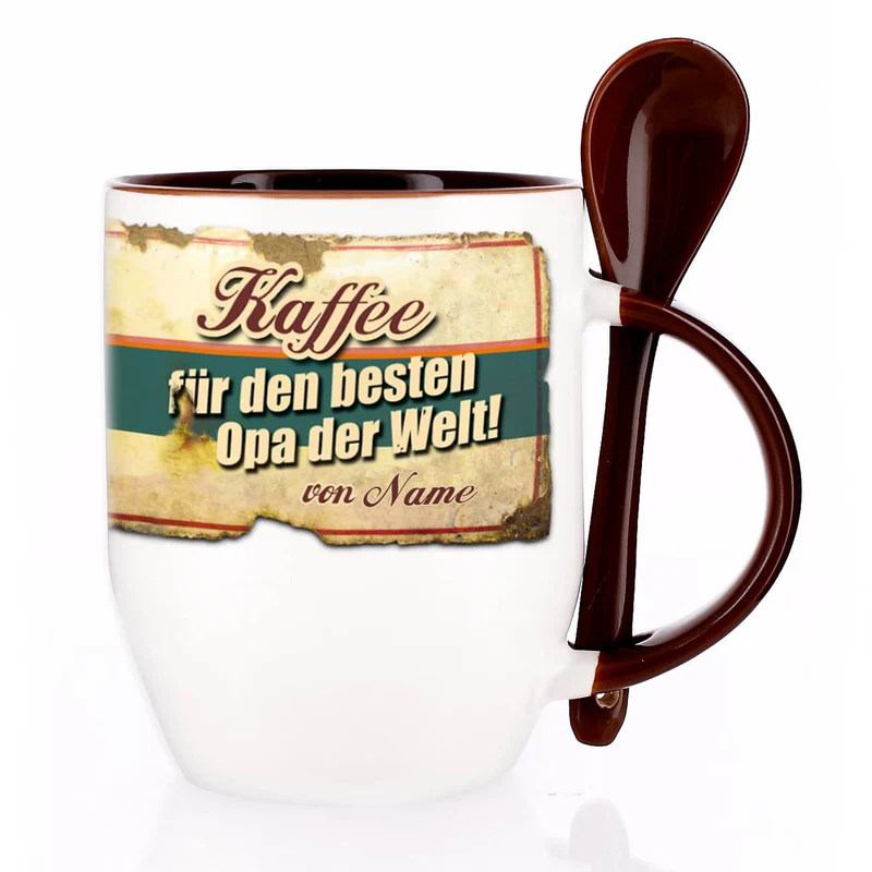 Kaffeetasse mit Löffel für den besten Opa mit Wunschname bedruckt
