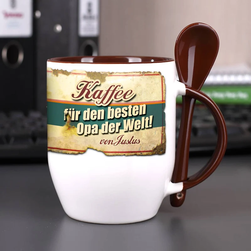 Kaffeetasse mit Löffel für den besten Opa mit Wunschname bedruckt