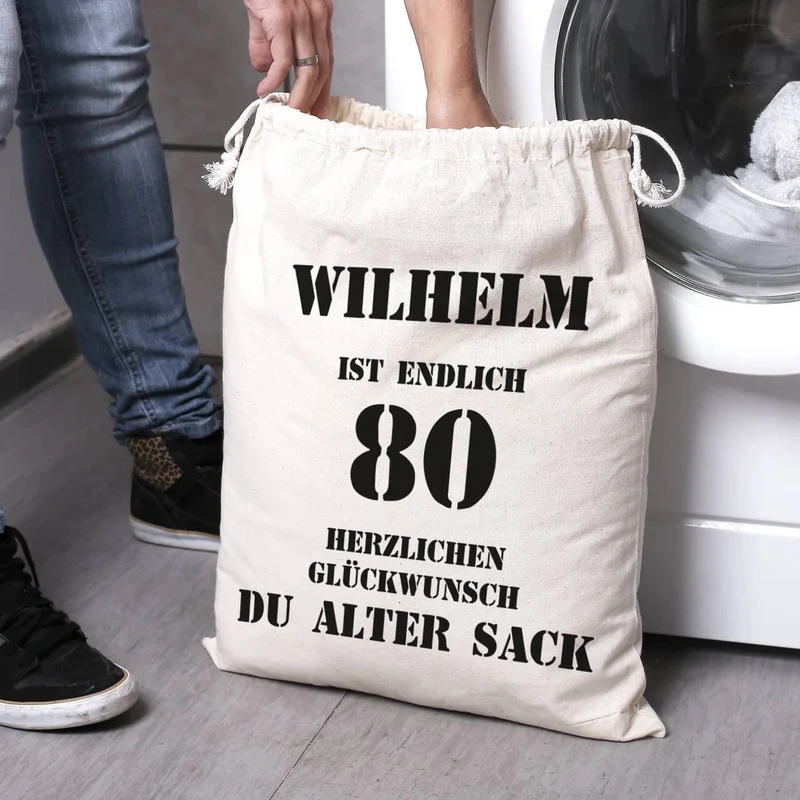 personalisierter Zuziehsack zum 80. Geburtstag eines alten Sacks