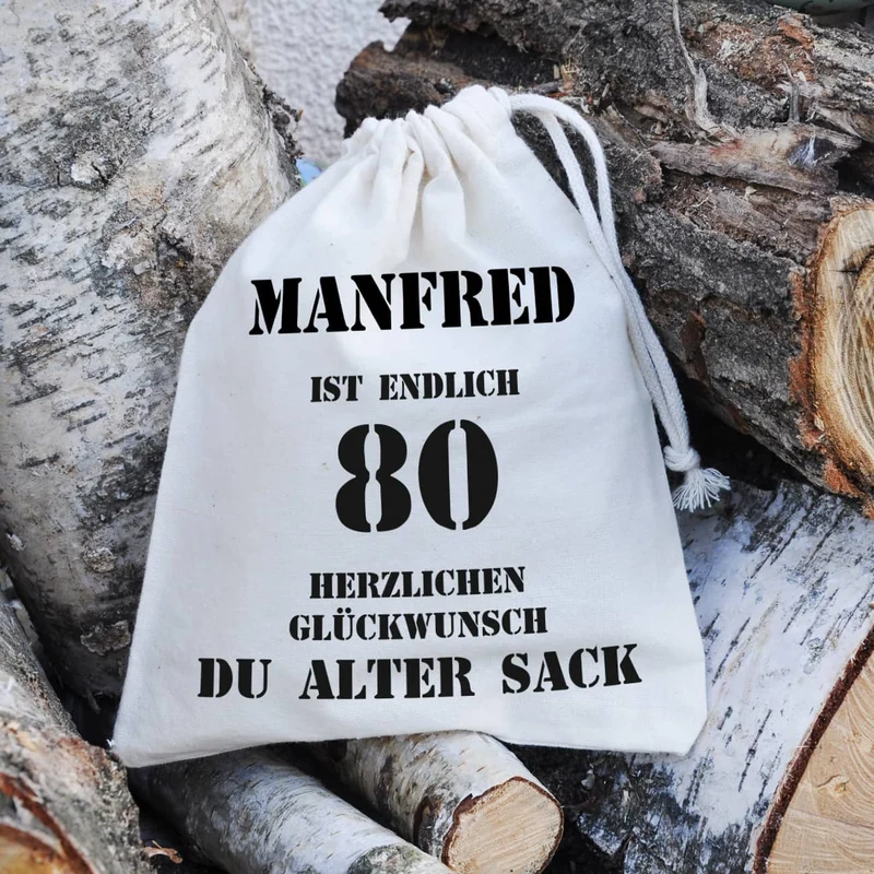 personalisierter Zuziehsack zum 80. Geburtstag eines alten Sacks