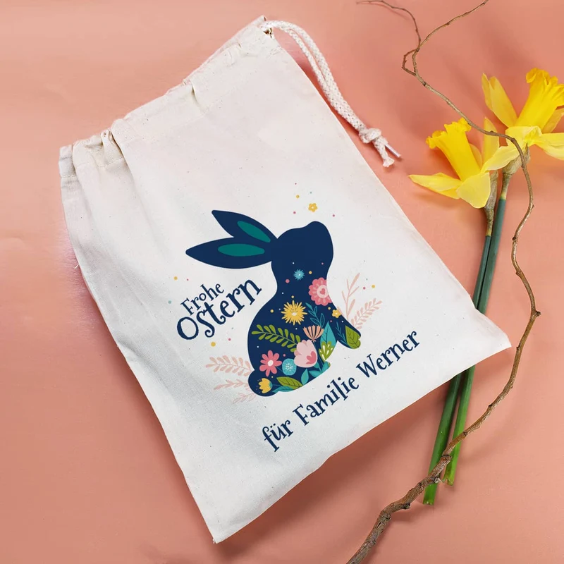 Frohe Ostern - Geschenksack mit Osterhase, Blüten und Wunschtext, 25 x 32 cm