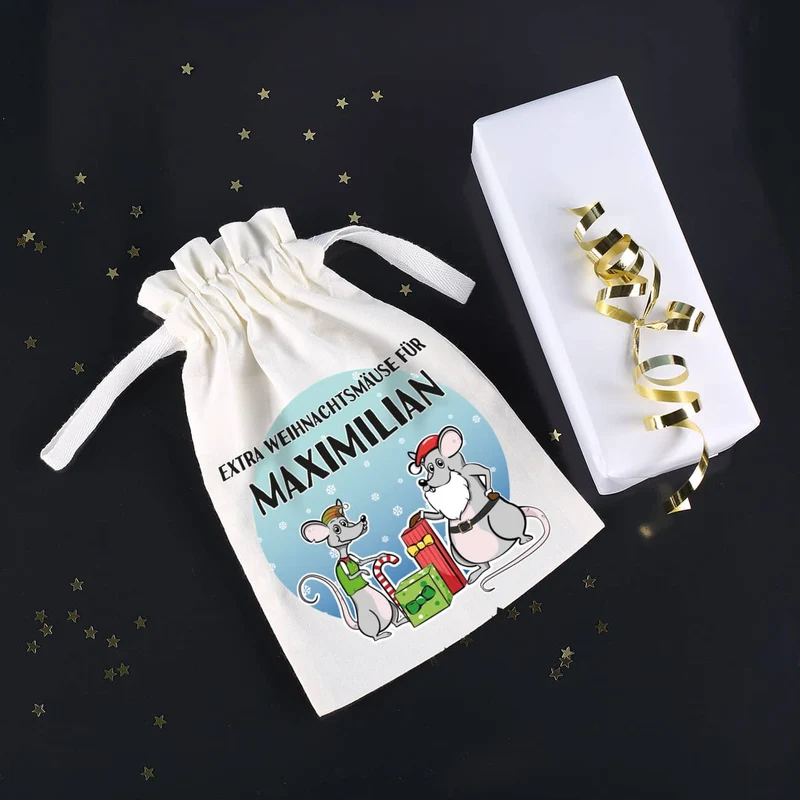 Stoffsack "Extra Weihnachtsmäuse" mit Ihrem Wunschnamen bedruckt