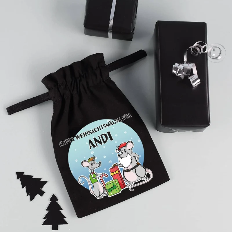 Stoffsack "Extra Weihnachtsmäuse" mit Ihrem Wunschnamen bedruckt