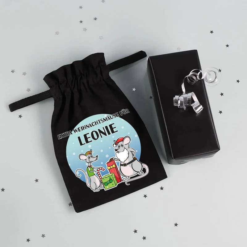 Stoffsack "Extra Weihnachtsmäuse" mit Ihrem Wunschnamen bedruckt
