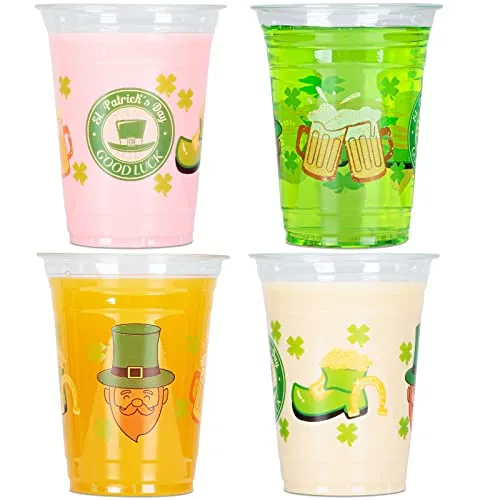 16 oz St Patrick’s Day Plastic Cups, Happy St Patrick’s Day Disposable Clear Plastic Cups Party Decoration, Lucky Shamrock Party Supply Drinkware for Beer/Beverage/Ice Cream/Juice/Snacks, 30 Count