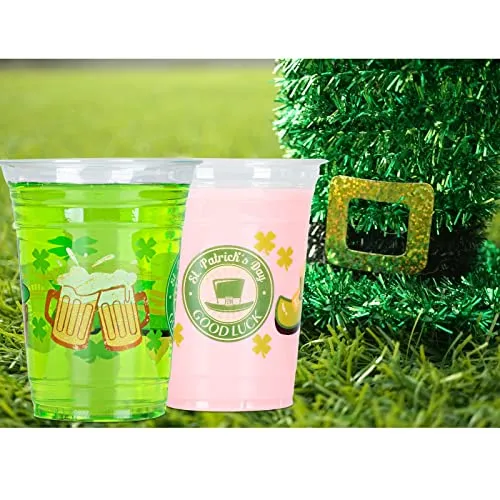 16 oz St Patrick’s Day Plastic Cups, Happy St Patrick’s Day Disposable Clear Plastic Cups Party Decoration, Lucky Shamrock Party Supply Drinkware for Beer/Beverage/Ice Cream/Juice/Snacks, 30 Count