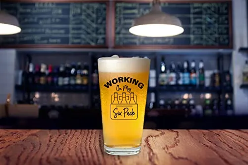 Working On My Six Pack - Funny Beer Glass Gifts for Men or Women, Dads and Moms, Fathers, Best Dad Ever, Birthday Gifts, Friendship Gifts for Friends, Boyfriend, Boss, Coworker - 16oz Beer Glass