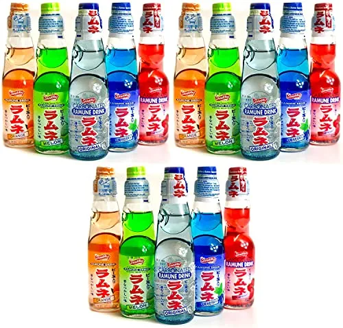 Ramune Japanese Soda Variety Pack - Shirakiku Multiple Flavors - Japanese Drink Gift Box (5 Count) Pack of 3