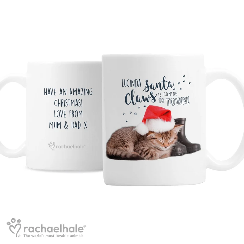Personalised Rachael Hale Santa Claws Christmas Cat Mug