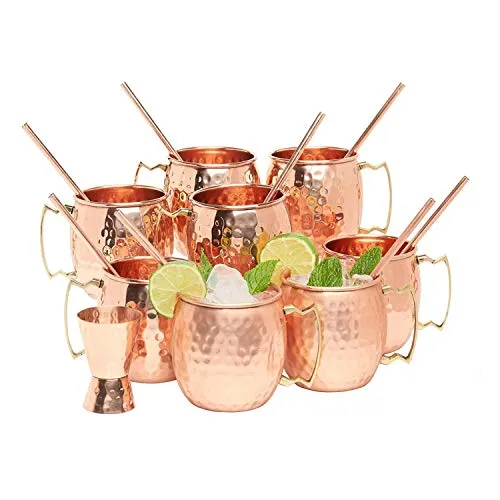 Kitchen Science [Gift Set] Moscow Mule Copper Mugs Set of 8 (16oz) w/ Straws & Jigger | 100% Pure Copper Cups, Tarnish-Resistant Food Grade Lacquered Finish, Ergonomic Handle (No Rivet) w/ Solid Grip