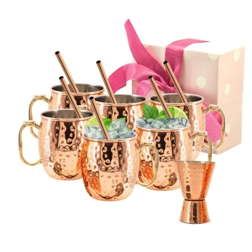 [Gift Set] Kitchen Science Moscow Mule Mugs, Stainless Steel Lined Copper Moscow Mule Cups Set of 6 (18oz) w/ Straws, Jigger, Spoon & Brush | Tarnish-Resistant Stainless Steel Interior