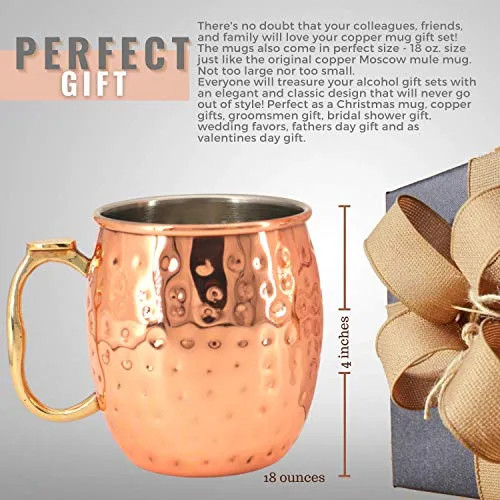 [Gift Set] Kitchen Science Moscow Mule Mugs, Stainless Steel Lined Copper Moscow Mule Cups Set of 6 (18oz) w/ Straws, Jigger, Spoon & Brush | Tarnish-Resistant Stainless Steel Interior