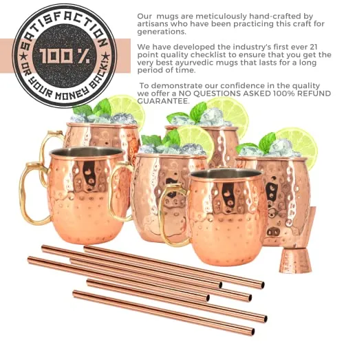 [Gift Set] Kitchen Science Moscow Mule Mugs, Stainless Steel Lined Copper Moscow Mule Cups Set of 6 (18oz) w/ Straws, Jigger, Spoon & Brush | Tarnish-Resistant Stainless Steel Interior