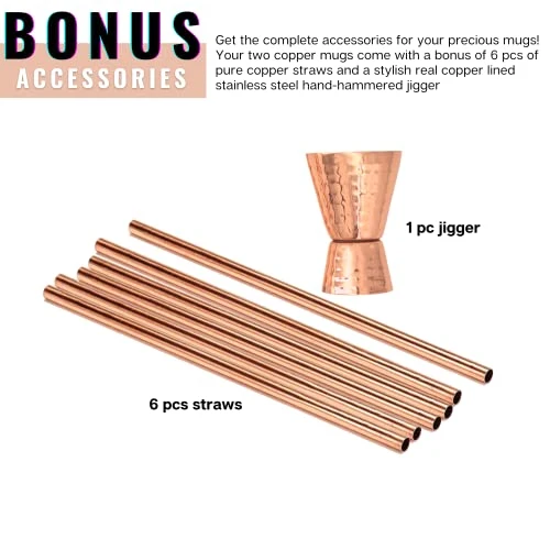 [Gift Set] Kitchen Science Moscow Mule Mugs, Stainless Steel Lined Copper Moscow Mule Cups Set of 6 (18oz) w/ Straws, Jigger, Spoon & Brush | Tarnish-Resistant Stainless Steel Interior