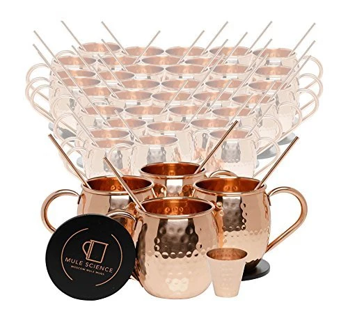 Set of 40 Pure Copper Moscow Mule Mugs by Mule Science with BONUS: Cocktail Copper 40 Straws, 2 Shot glasses and 40 coasters!