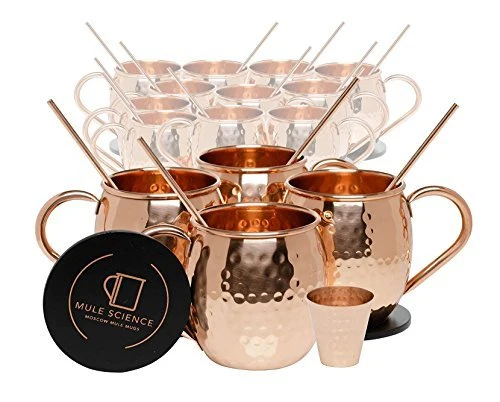 Mule Science Authentic Moscow Mule Copper Mugs Set of 16 (16oz) | Solid Barrel 100% Copper Cups Set w/ 16 Straws, 16 Coasters & 2 Shot Glasses | Handcrafted Tarnish-Resistant Food Grade Lacquer Coat
