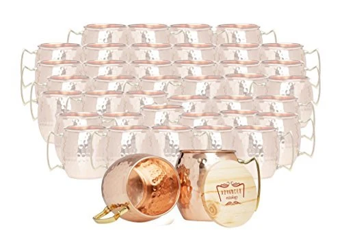 Set of 40 100% Pure Copper Moscow Mule Mugs By Advanced Mixology (16 oz each) with 40 Artisan Hand Crafted Wooden Coasters - Barrel With Brass Handle