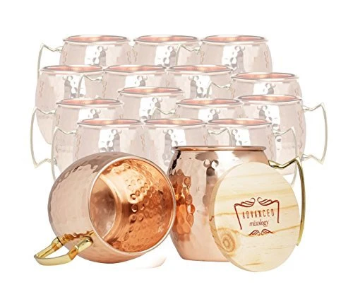 Set of 16 Advanced Mixology Moscow Mule 100% Pure Copper Mugs - 16 Ounce with 16 Artisan Hand Crafted Wooden Coasters - Barrel With Brass Handle