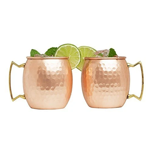 Set of 16 Advanced Mixology Moscow Mule 100% Pure Copper Mugs - 16 Ounce with 16 Artisan Hand Crafted Wooden Coasters - Barrel With Brass Handle