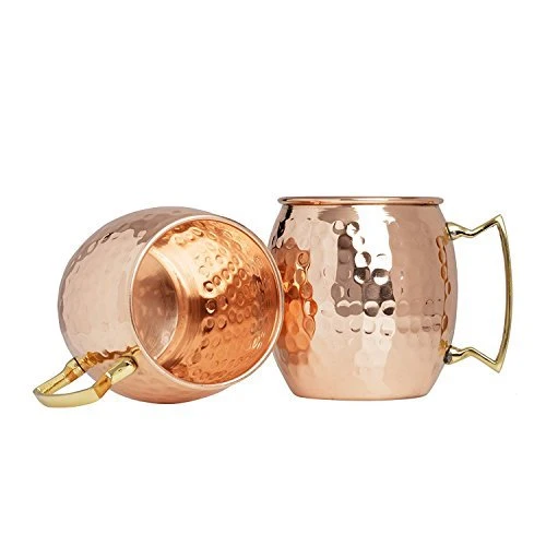 Set of 16 Advanced Mixology Moscow Mule 100% Pure Copper Mugs - 16 Ounce with 16 Artisan Hand Crafted Wooden Coasters - Barrel With Brass Handle