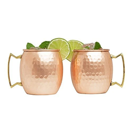 Advanced Mixology Set of 10 100% Pure Copper Moscow Mule Mugs (16 oz each) with 10 Artisan Hand Crafted Wooden Coasters - Barrel With Brass Handle
