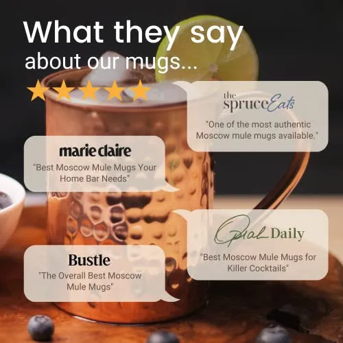 Advanced Mixology [Gift Set] Moscow Mule Mugs - 100% Pure Copper Mugs, 16 Ounce Set of 4 Stylish Designed Mugs with 4 Artisan Hand Crafted Wooden Coasters