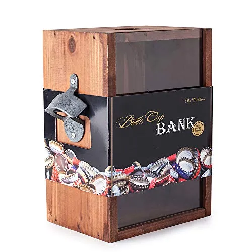 Mealivos Bottle Opener And Cap Saver – Classic Rustic Wood Standing Or Wall Mountable Metal Bar Bottle Opener With Beer And Soda Cap Collector