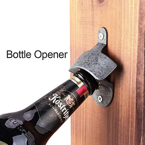 Mealivos Bottle Opener And Cap Saver – Classic Rustic Wood Standing Or Wall Mountable Metal Bar Bottle Opener With Beer And Soda Cap Collector