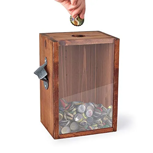 Mealivos Bottle Opener And Cap Saver – Classic Rustic Wood Standing Or Wall Mountable Metal Bar Bottle Opener With Beer And Soda Cap Collector