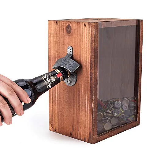 Mealivos Bottle Opener And Cap Saver – Classic Rustic Wood Standing Or Wall Mountable Metal Bar Bottle Opener With Beer And Soda Cap Collector