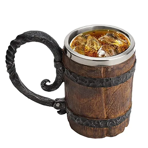 550ML Viking Drinking Cup, Stainless Handmade wood-style Beer mug for husband gift, Resin Beer Stein Tankard Coffee Mug Tea Cup, Wooden Gift Antique Men's Barrel Capacity