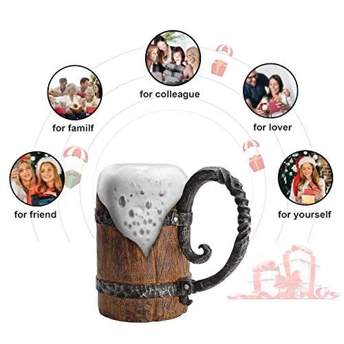 550ML Viking Drinking Cup, Stainless Handmade wood-style Beer mug for husband gift, Resin Beer Stein Tankard Coffee Mug Tea Cup, Wooden Gift Antique Men's Barrel Capacity