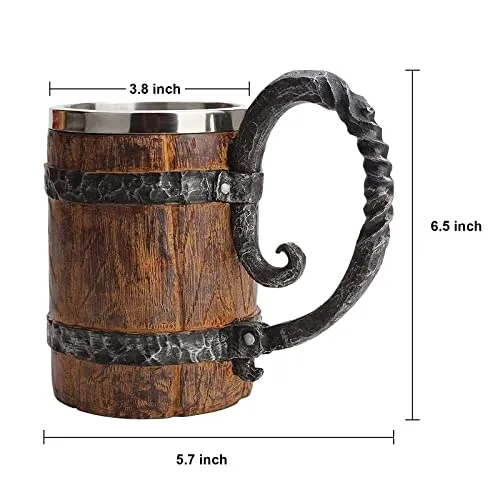 550ML Viking Drinking Cup, Stainless Handmade wood-style Beer mug for husband gift, Resin Beer Stein Tankard Coffee Mug Tea Cup, Wooden Gift Antique Men's Barrel Capacity