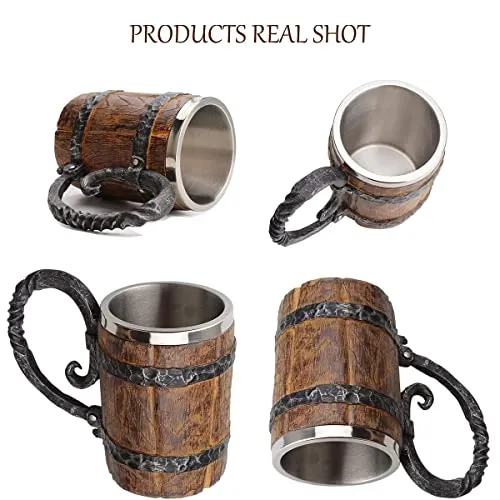 550ML Viking Drinking Cup, Stainless Handmade wood-style Beer mug for husband gift, Resin Beer Stein Tankard Coffee Mug Tea Cup, Wooden Gift Antique Men's Barrel Capacity