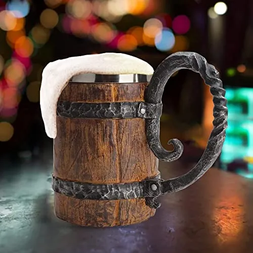 550ML Viking Drinking Cup, Stainless Handmade wood-style Beer mug for husband gift, Resin Beer Stein Tankard Coffee Mug Tea Cup, Wooden Gift Antique Men's Barrel Capacity