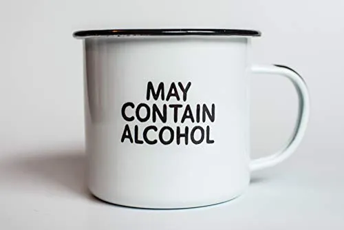 MAY CONTAIN ALCOHOL | Enamel"Coffee" Mug | Sarcastic Gift for Vodka, Gin, Bourbon, Wine and Beer Lovers | Great Office or Camping Cup for Dads, Moms, Campers, Tailgaters, Drinkers, and Travelers